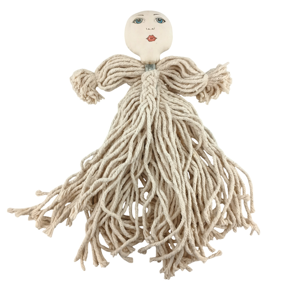 Vintage Mop Head Yarn Rope Doll Hand-Painted Face – Primitive Folk Art Décor